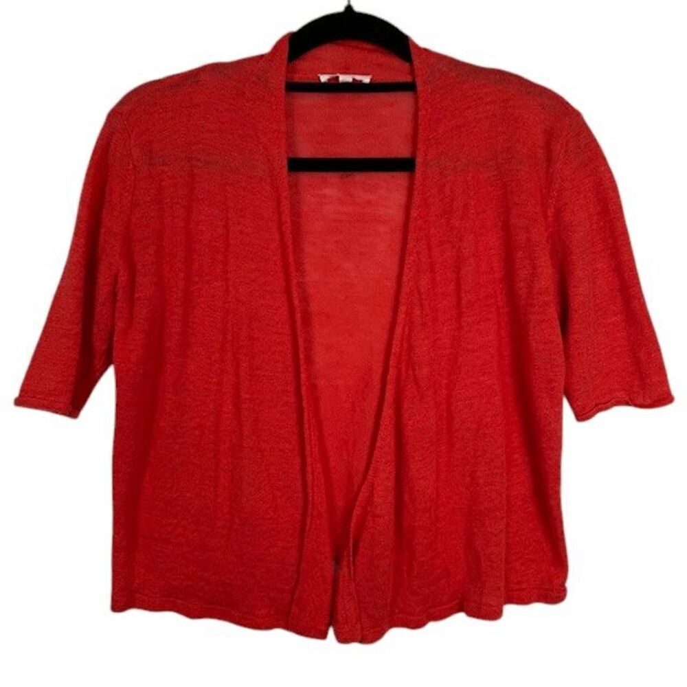 Eileen Fisher 100% Linen Short Sleeve Open Front Cardigan‎ Coral Orange Petite S